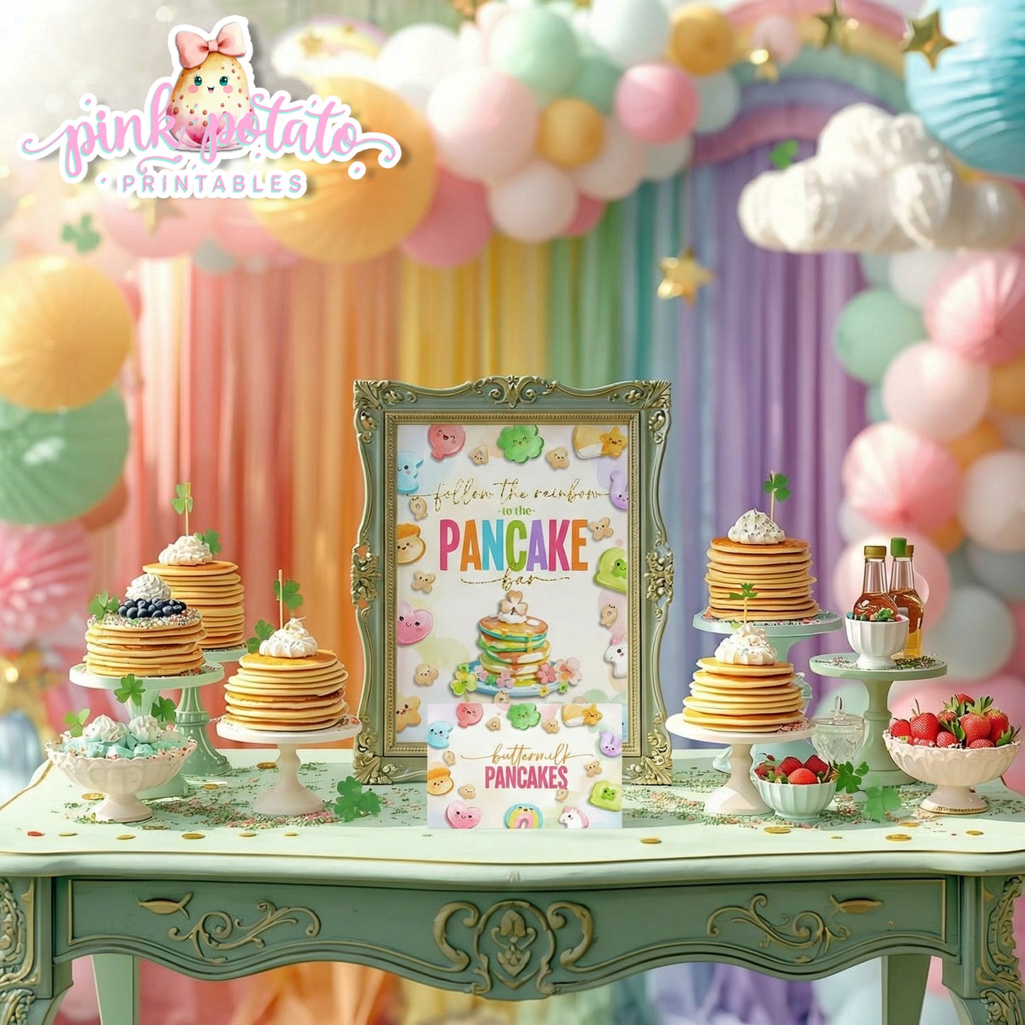 Charmed-Pancake Bar Buffet Sign & Tent Cards-Pancake Buffet Sign-Buffet Cards-Editable in Corjl-St. Paddy's Day-St. Patrick's Day Theme-Party Printable-Lucky Charms-Marshmallow Cereal-Magical Cereal-Digital-INSTANT DOWNLOAD
