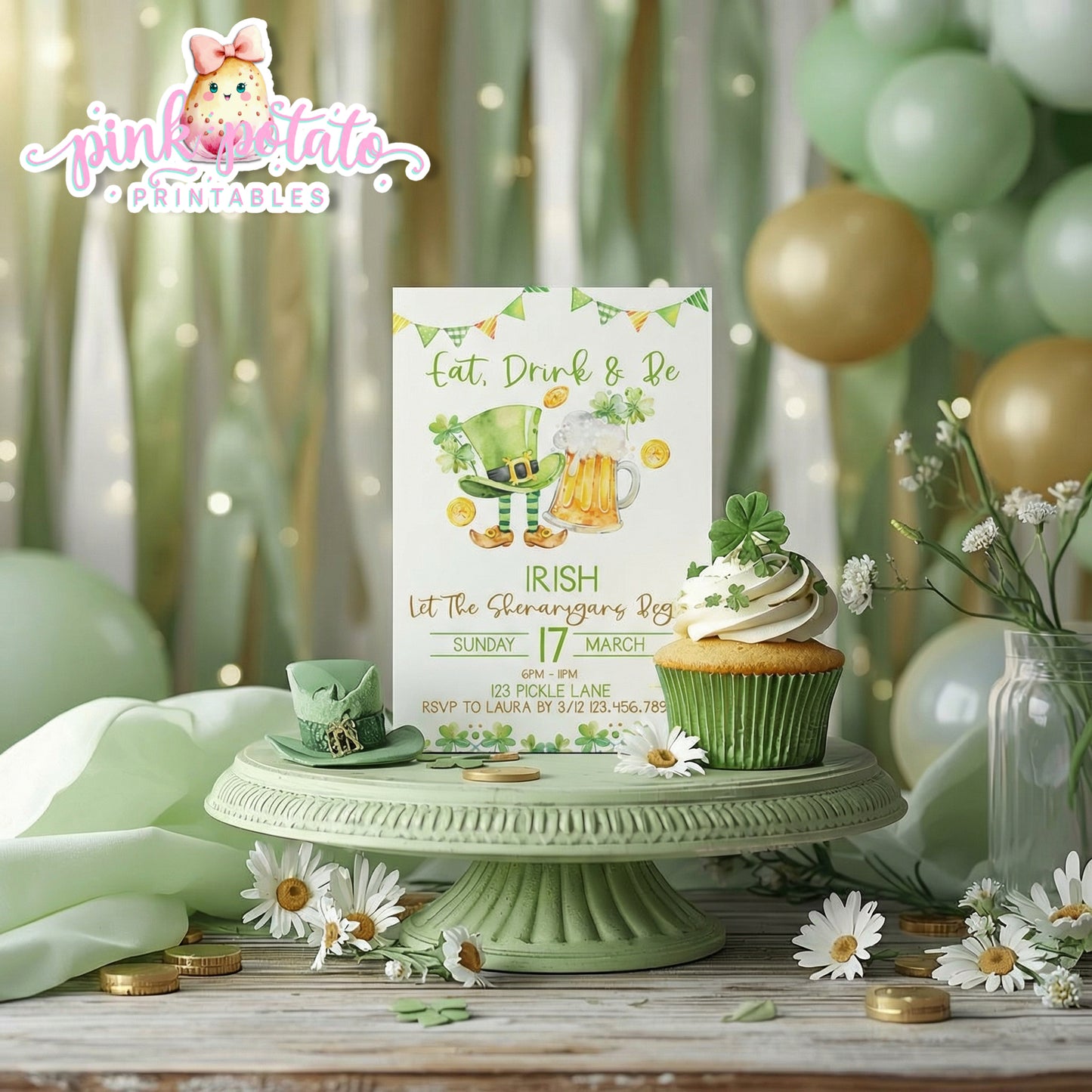 St. Paddy's Day-Party Invitation-Edit in Corjl Only-Eat Drink and be Irish-St. Patrick's Day Theme-Party Printable-Digital-INSTANT