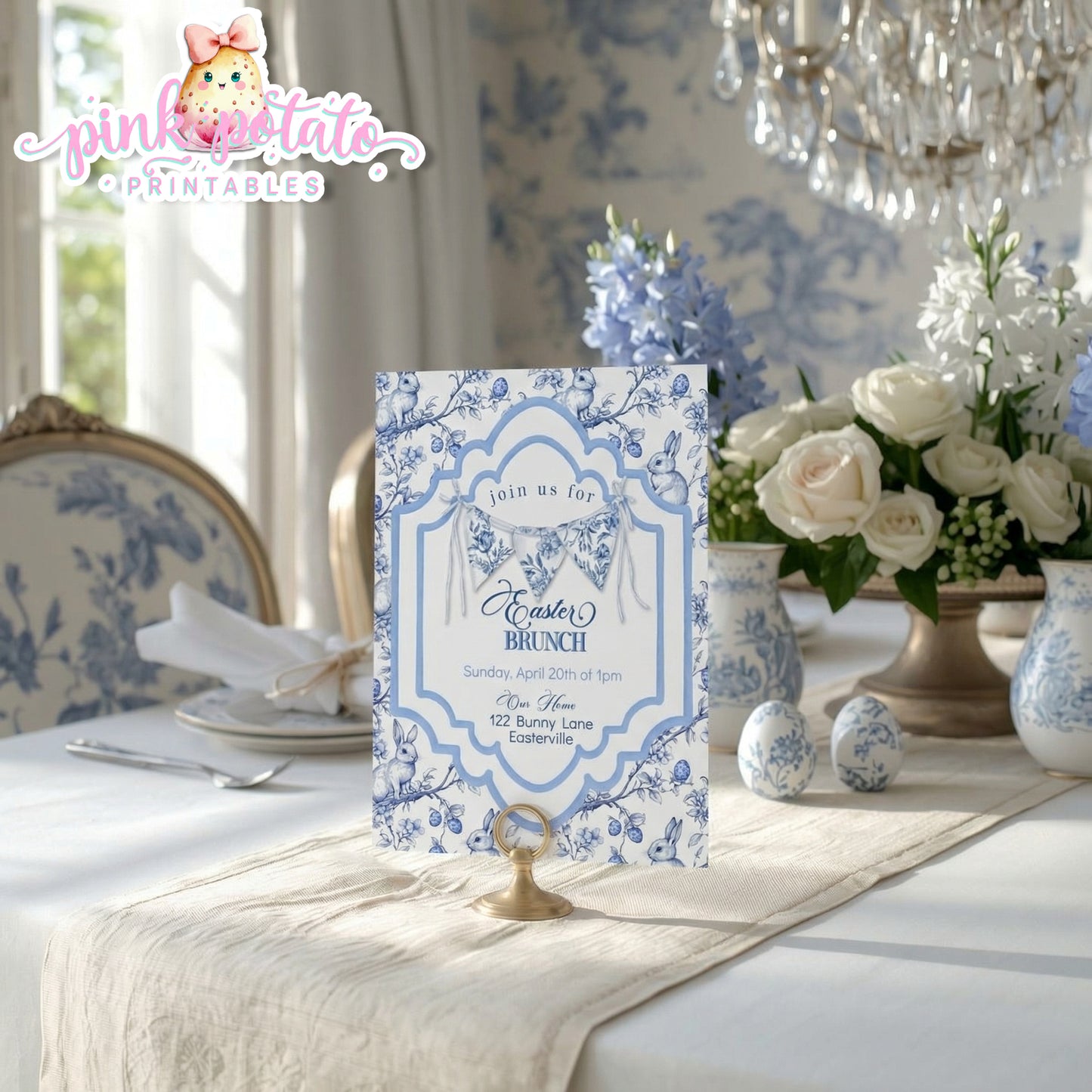 Toile Easter-Easter Invitation-Completely Editable in CORJL ONLY-Fancy Easter-Posh Easter-Easter Sunday-Happy Easter-Chinoiserie Easter-Chinoisery-Blue Toile-INSTANT DOWNLOAD