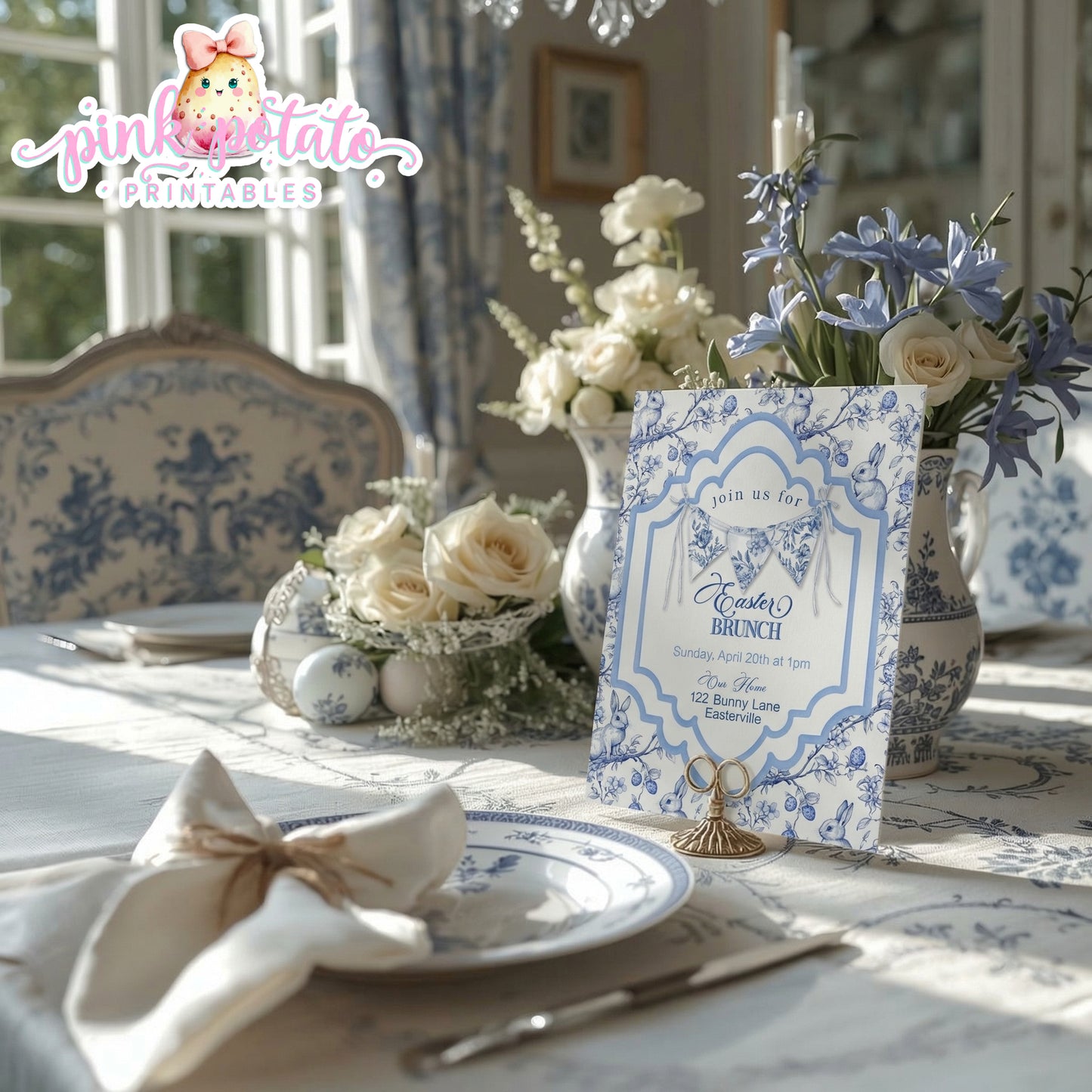 Toile Easter-Easter Invitation-Completely Editable in CORJL ONLY-Fancy Easter-Posh Easter-Easter Sunday-Happy Easter-Chinoiserie Easter-Chinoisery-Blue Toile-INSTANT DOWNLOAD