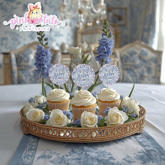 Toile Easter-Cupcake Topper-Round Logos-Use as stickers too-Fancy Easter-Posh Easter-Easter Sunday-Happy Easter-Chinoiserie Easter-Chinoisery-Blue Toile-INSTANT DOWNLOAD