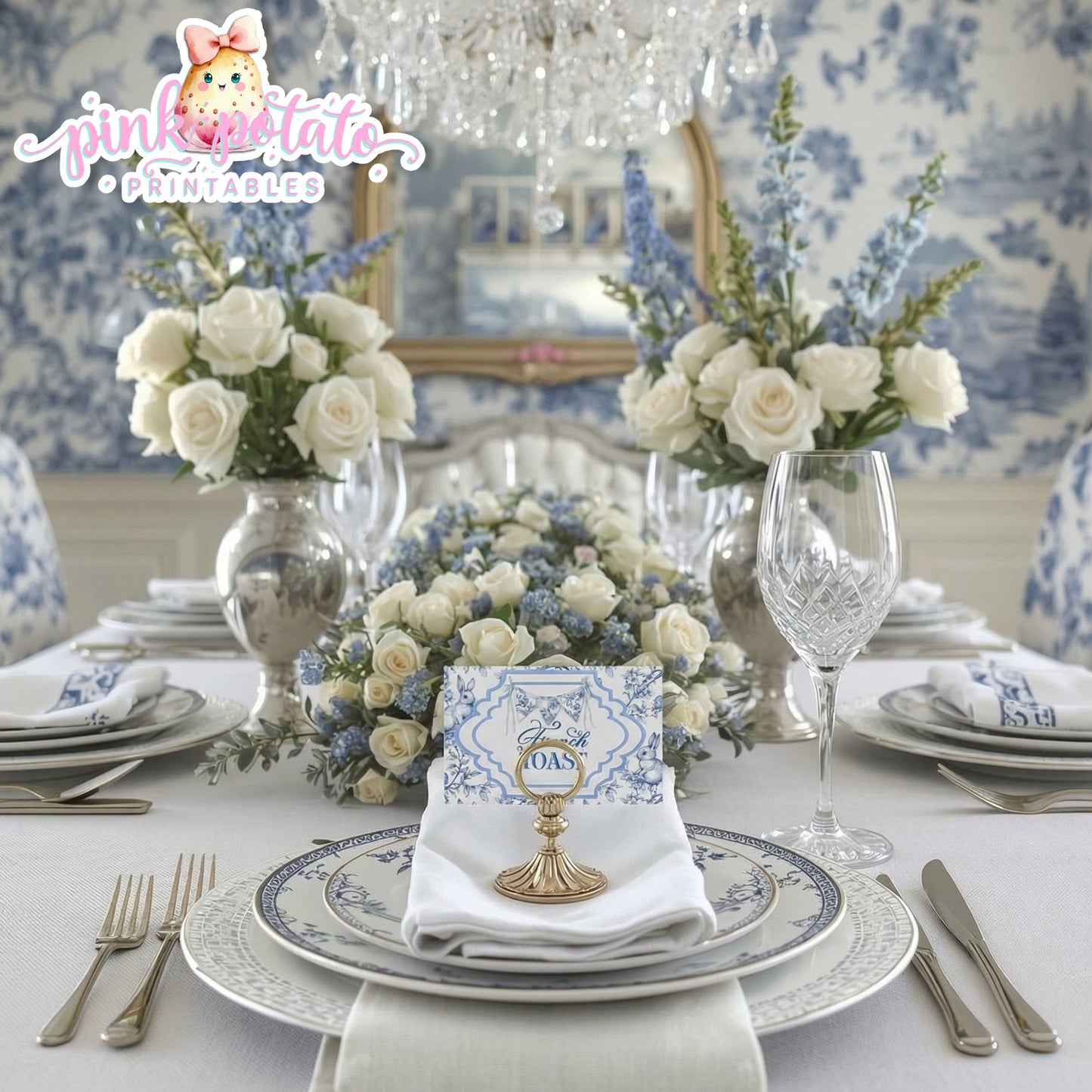 Toile Easter-Easter Buffet Cards-Tent Cards-Place Cards-Completely Editable in CORJL ONLY-Fancy Easter-Posh Easter-Easter Sunday-Happy Easter-Chinoiserie Easter-Chinoisery-Blue Toile-INSTANT DOWNLOAD