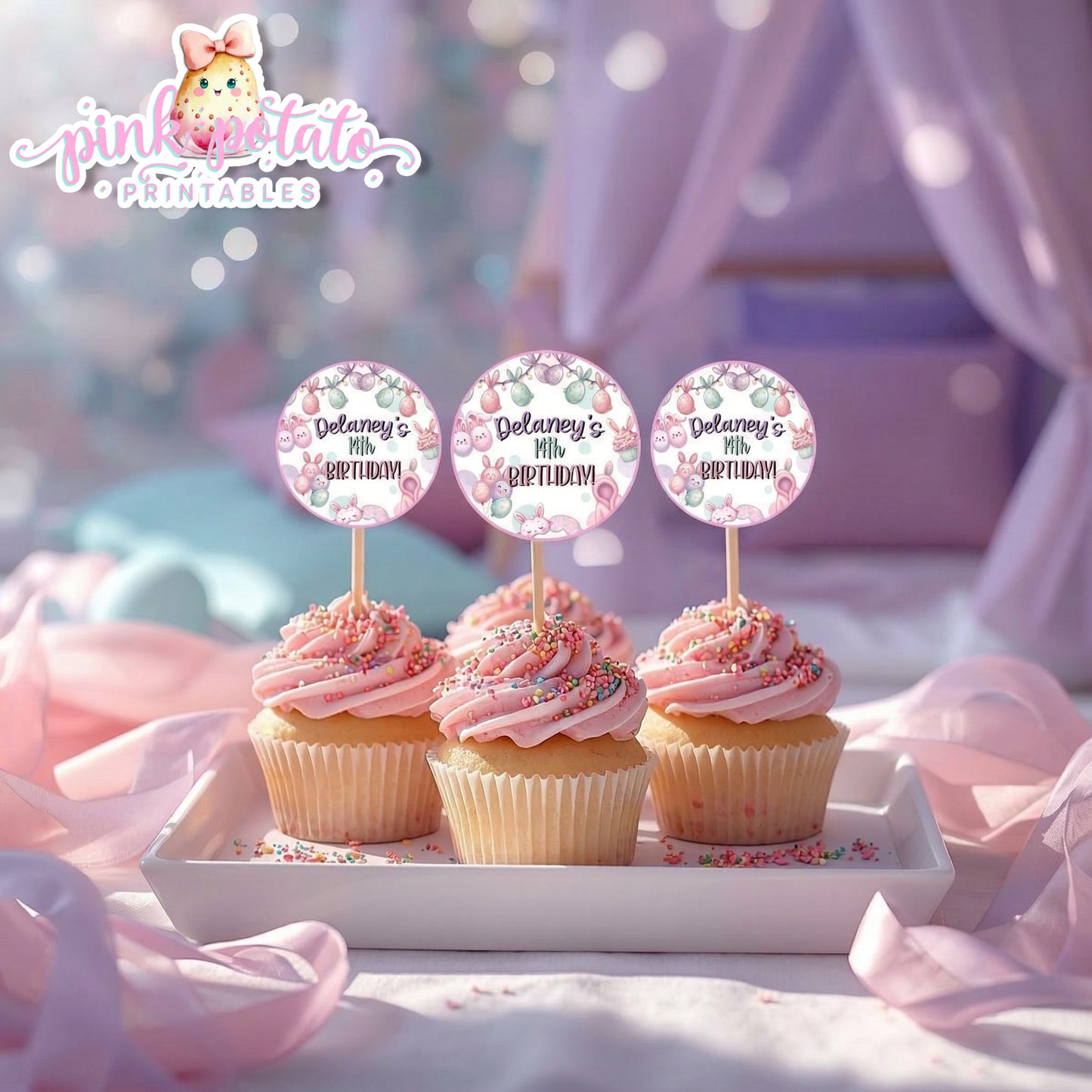 Easter Sleepover-Cupcake Toppers-Edit in Corjl ONLY-Easter Slumber Party-Logos-Round Favor Tags-Easter Birthday-Easter Party-Happy Birthday-Birthday Sleepover-Birthday Slumber Party-INSTANT DOWNLOAD