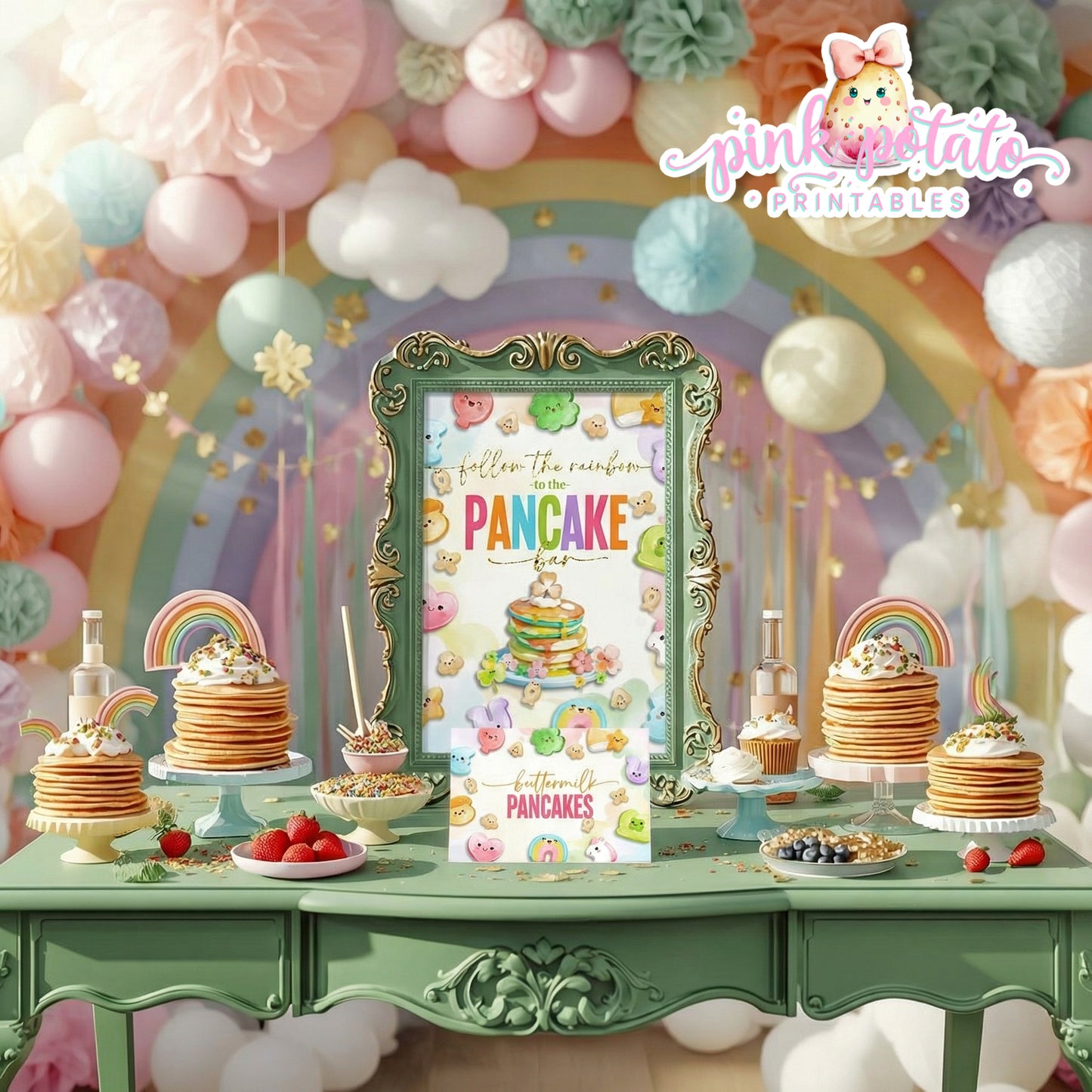 Charmed-Pancake Bar Buffet Sign & Tent Cards-Pancake Buffet Sign-Buffet Cards-Editable in Corjl-St. Paddy's Day-St. Patrick's Day Theme-Party Printable-Lucky Charms-Marshmallow Cereal-Magical Cereal-Digital-INSTANT DOWNLOAD