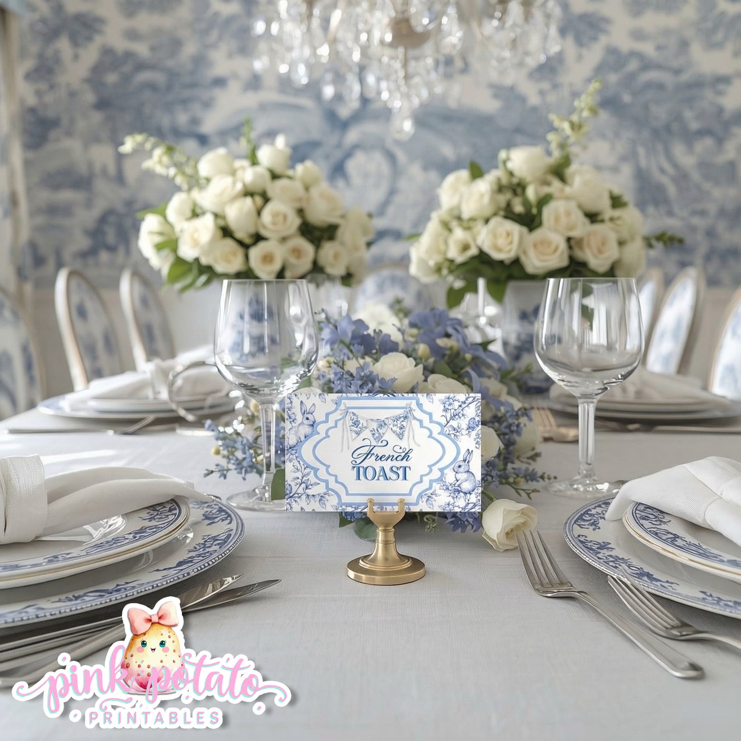 Toile Easter-Easter Buffet Cards-Tent Cards-Place Cards-Completely Editable in CORJL ONLY-Fancy Easter-Posh Easter-Easter Sunday-Happy Easter-Chinoiserie Easter-Chinoisery-Blue Toile-INSTANT DOWNLOAD