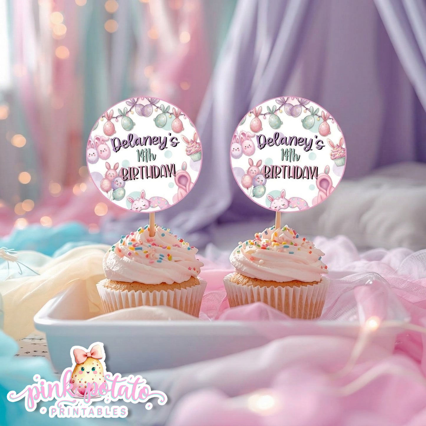 Easter Sleepover-Cupcake Toppers-Edit in Corjl ONLY-Easter Slumber Party-Logos-Round Favor Tags-Easter Birthday-Easter Party-Happy Birthday-Birthday Sleepover-Birthday Slumber Party-INSTANT DOWNLOAD