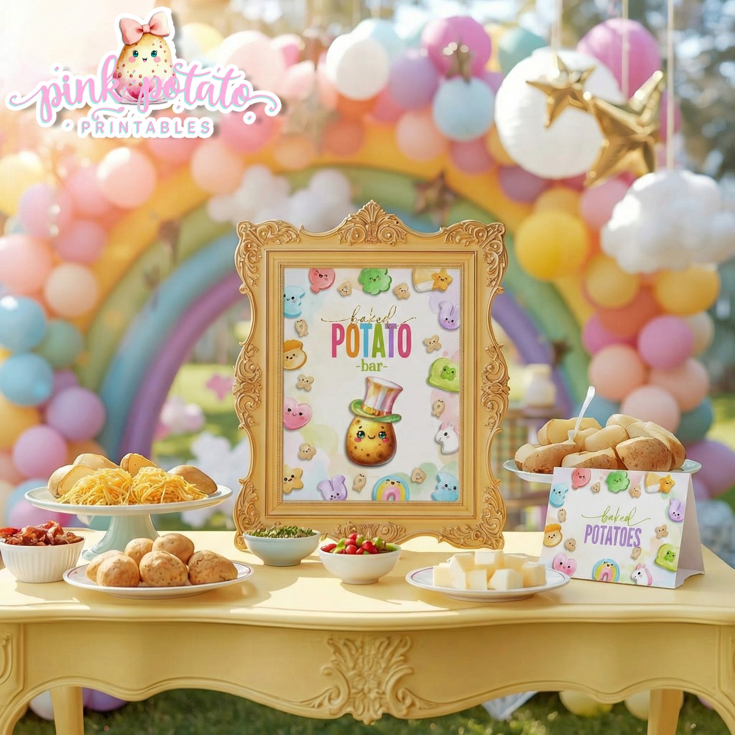 Charmed-Baked Potato Bar Buffet Sign & Tent Cards-Baked Potato Buffet Sign-Buffet Cards-Editable in Corjl-St. Paddy's Day-St. Patrick's Day Theme-Party Printable-Lucky Charms-Marshmallow Cereal-Magical Cereal-Digital-INSTANT DOWNLOAD