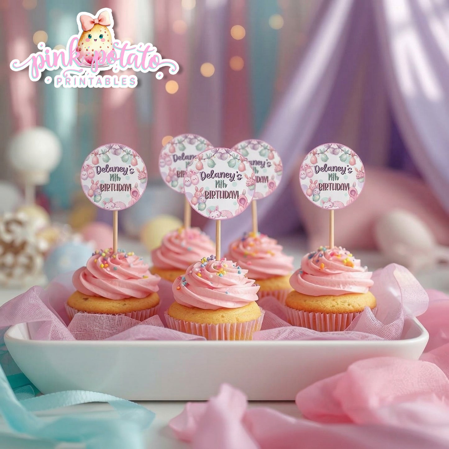 Easter Sleepover-Cupcake Toppers-Edit in Corjl ONLY-Easter Slumber Party-Logos-Round Favor Tags-Easter Birthday-Easter Party-Happy Birthday-Birthday Sleepover-Birthday Slumber Party-INSTANT DOWNLOAD