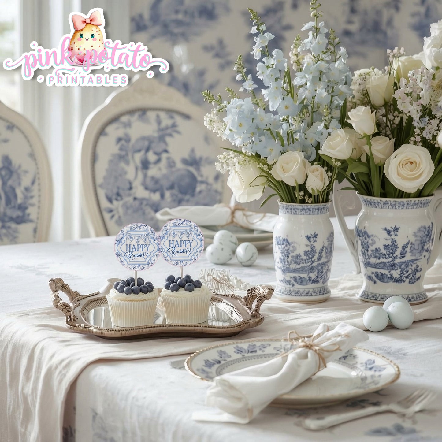 Toile Easter-Cupcake Topper-Round Logos-Use as stickers too-Fancy Easter-Posh Easter-Easter Sunday-Happy Easter-Chinoiserie Easter-Chinoisery-Blue Toile-INSTANT DOWNLOAD
