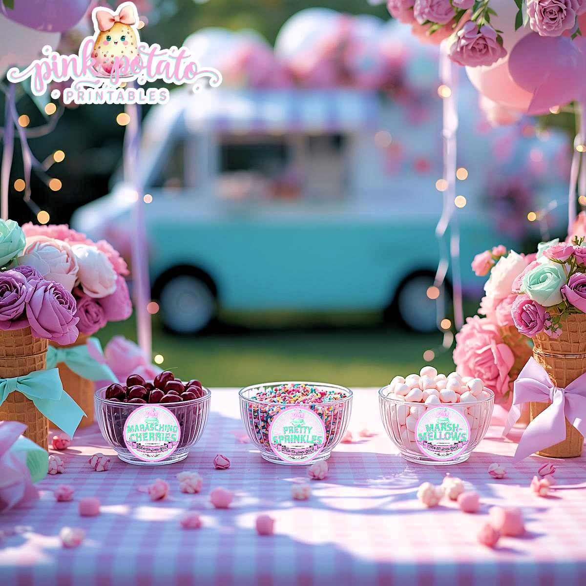 Here's The Scoop, Baby-3" Round Buffet Cards-Customize in Corjl-Ice Cream Baby Shower-Ice Cream Topping Cards-Edit-Digital-INSTANT DOWNLOAD