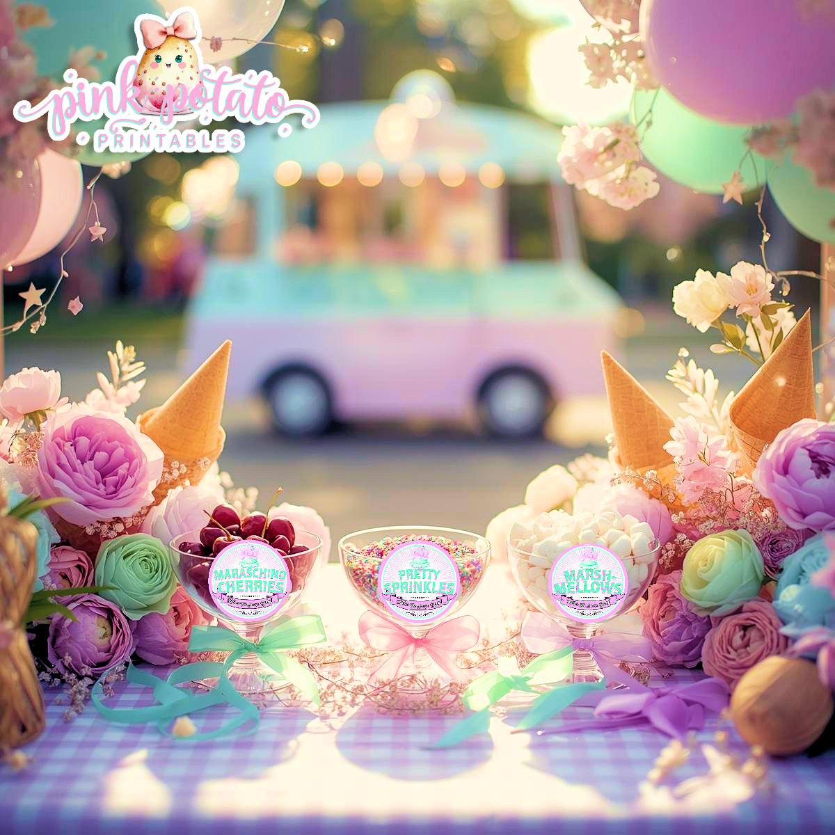 Here's The Scoop, Baby-3" Round Buffet Cards-Customize in Corjl-Ice Cream Baby Shower-Ice Cream Topping Cards-Edit-Digital-INSTANT DOWNLOAD