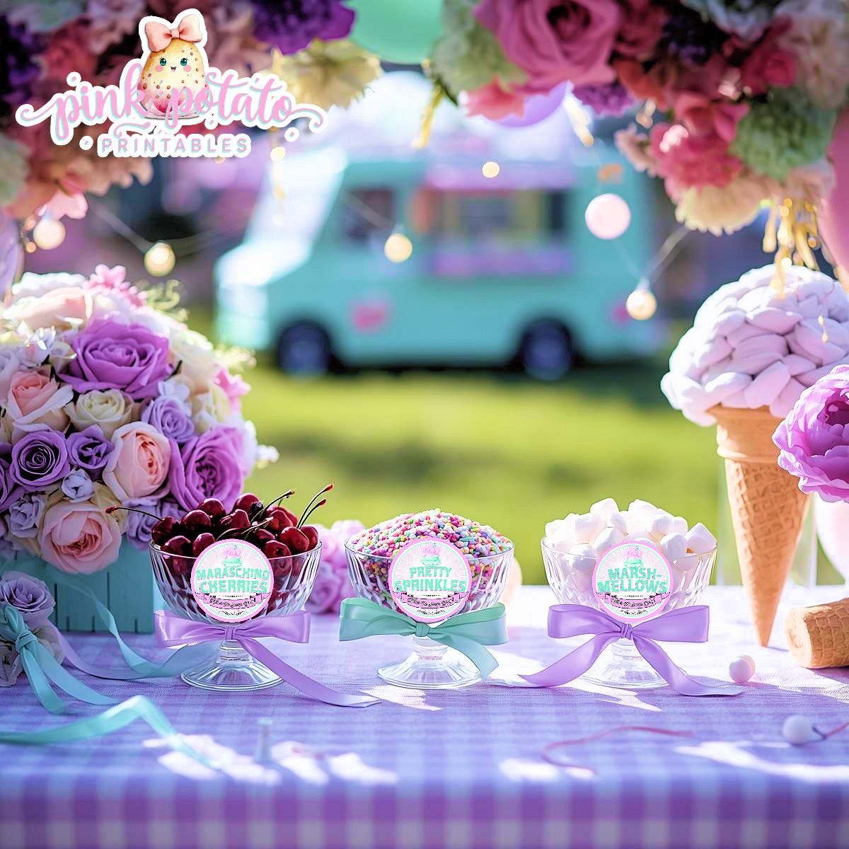 Here's The Scoop, Baby-3" Round Buffet Cards-Customize in Corjl-Ice Cream Baby Shower-Ice Cream Topping Cards-Edit-Digital-INSTANT DOWNLOAD