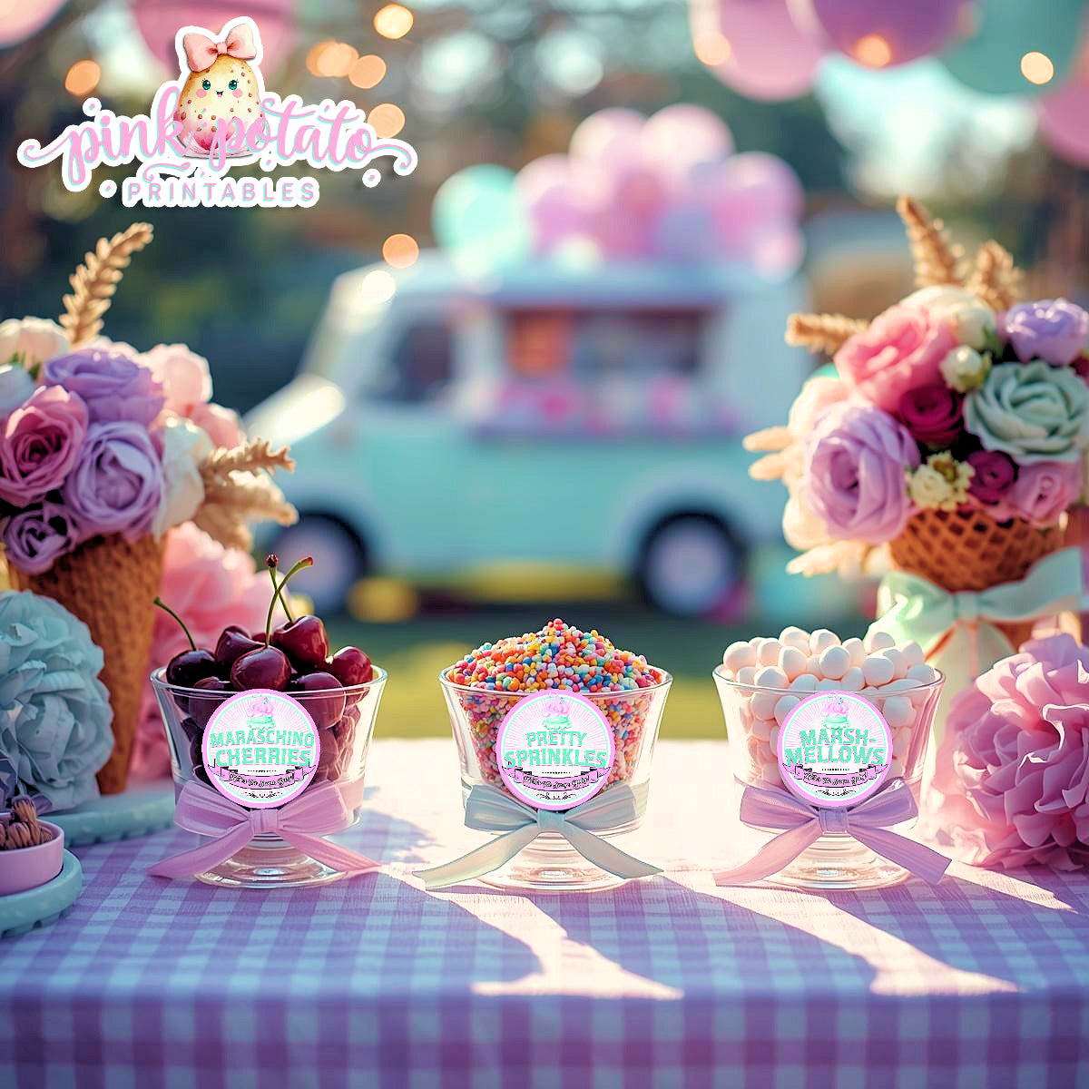 Here's The Scoop, Baby-3" Round Buffet Cards-Customize in Corjl-Ice Cream Baby Shower-Ice Cream Topping Cards-Edit-Digital-INSTANT DOWNLOAD