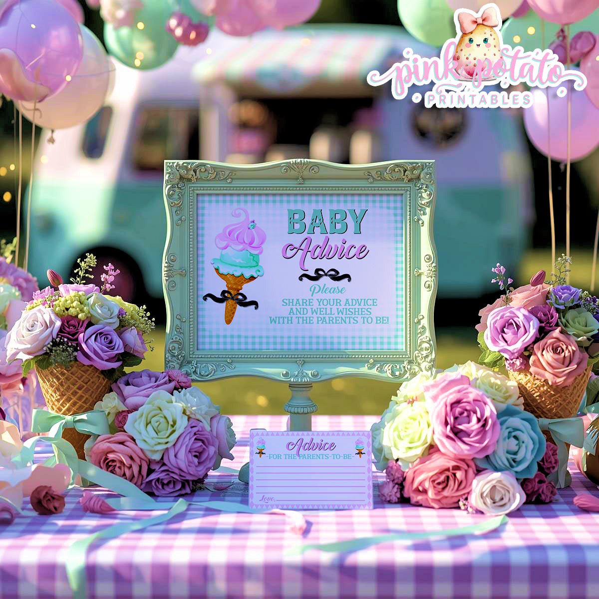 Here's The Scoop, Baby-Advice Sign & Cards-Ice Cream Baby Shower-8x10 Sign-Advice Cards To Fill In By Guests-Digital-INSTANT DOWNLOAD
