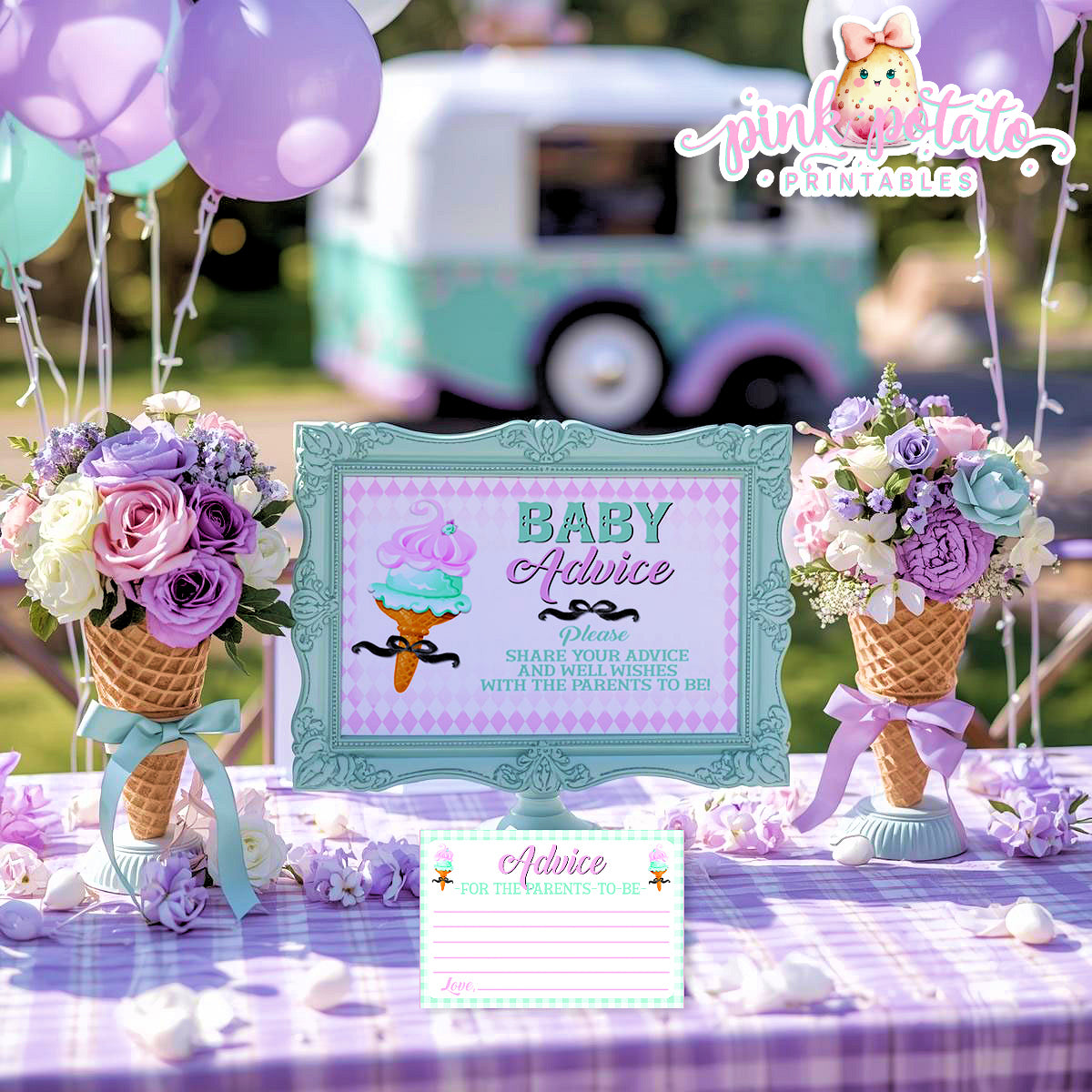 Here's The Scoop, Baby-Advice Sign & Cards-Ice Cream Baby Shower-8x10 Sign-Advice Cards To Fill In By Guests-Digital-INSTANT DOWNLOAD