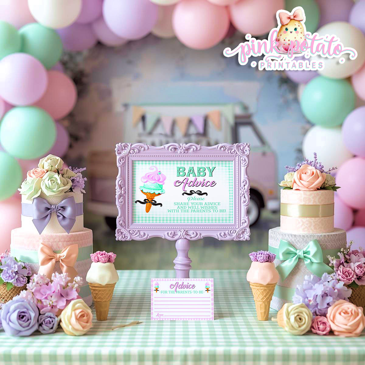 Here's The Scoop, Baby-Advice Sign & Cards-Ice Cream Baby Shower-8x10 Sign-Advice Cards To Fill In By Guests-Digital-INSTANT DOWNLOAD