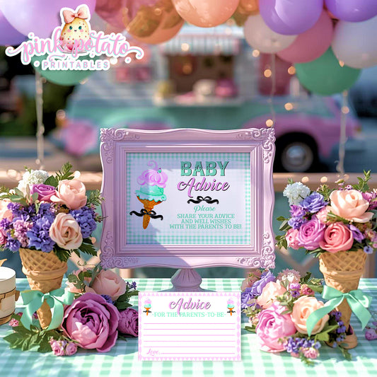 Here's The Scoop, Baby-Advice Sign & Cards-Ice Cream Baby Shower-8x10 Sign-Advice Cards To Fill In By Guests-Digital-INSTANT DOWNLOAD