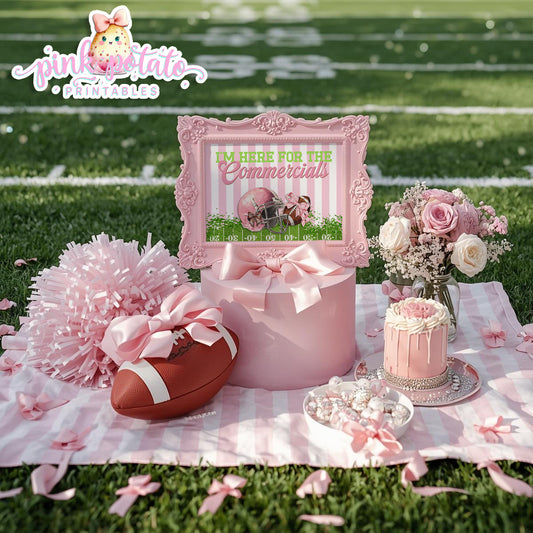 Birthday Football-Only Here for the Commercials Sign-Pink Football-Super Bowl Sunday-Sports-Digital-INSTANT DOWNLOAD