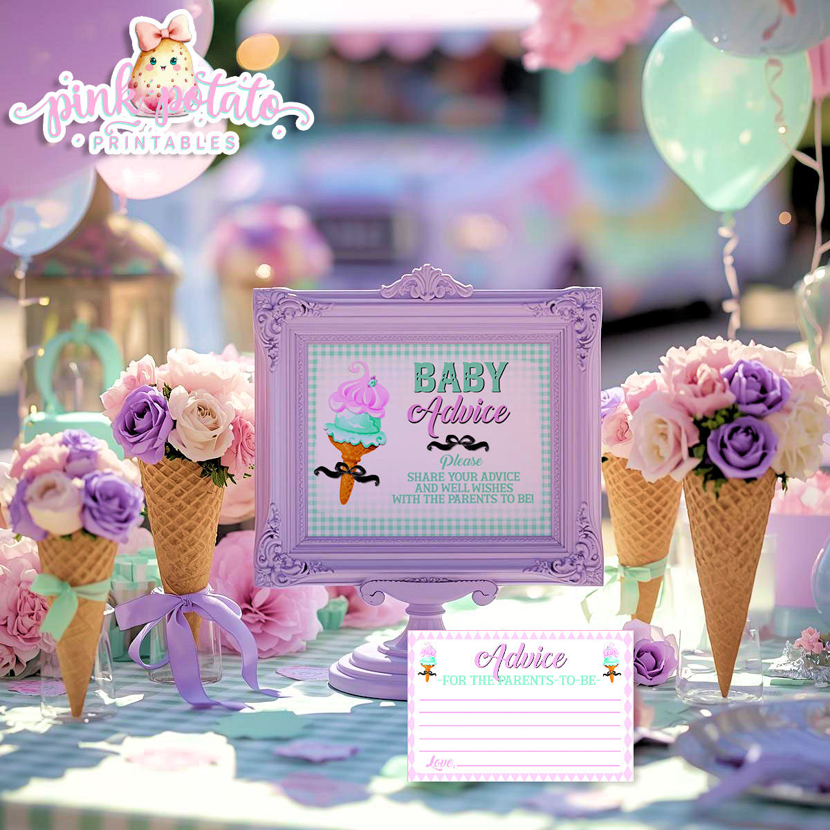 Here's The Scoop, Baby-Advice Sign & Cards-Ice Cream Baby Shower-8x10 Sign-Advice Cards To Fill In By Guests-Digital-INSTANT DOWNLOAD