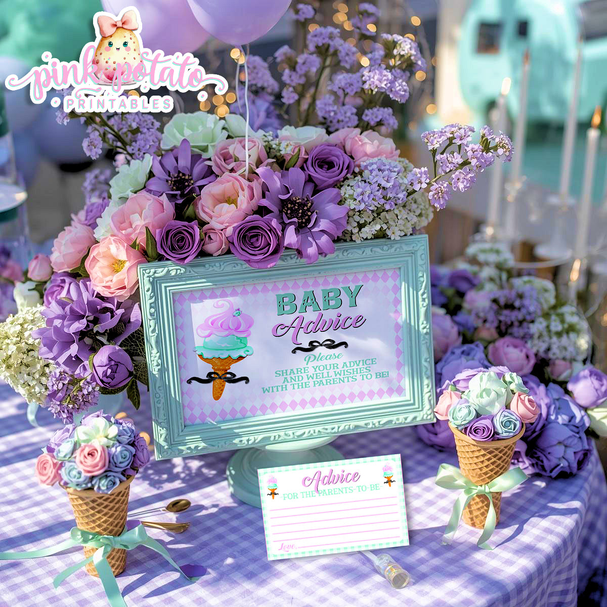 Here's The Scoop, Baby-Advice Sign & Cards-Ice Cream Baby Shower-8x10 Sign-Advice Cards To Fill In By Guests-Digital-INSTANT DOWNLOAD