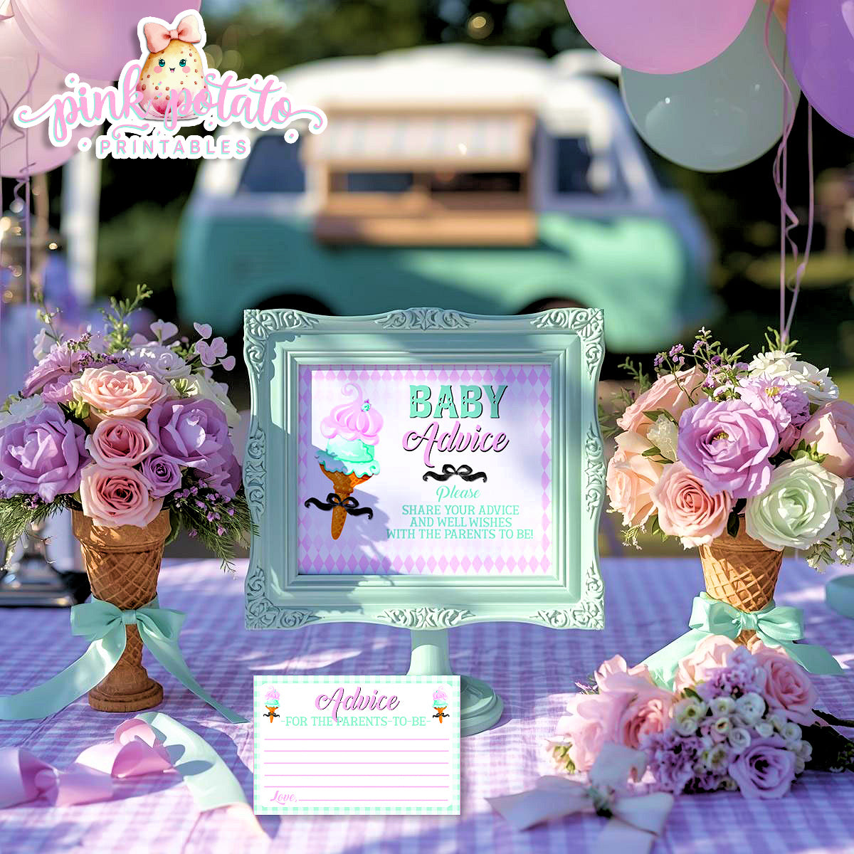 Here's The Scoop, Baby-Advice Sign & Cards-Ice Cream Baby Shower-8x10 Sign-Advice Cards To Fill In By Guests-Digital-INSTANT DOWNLOAD