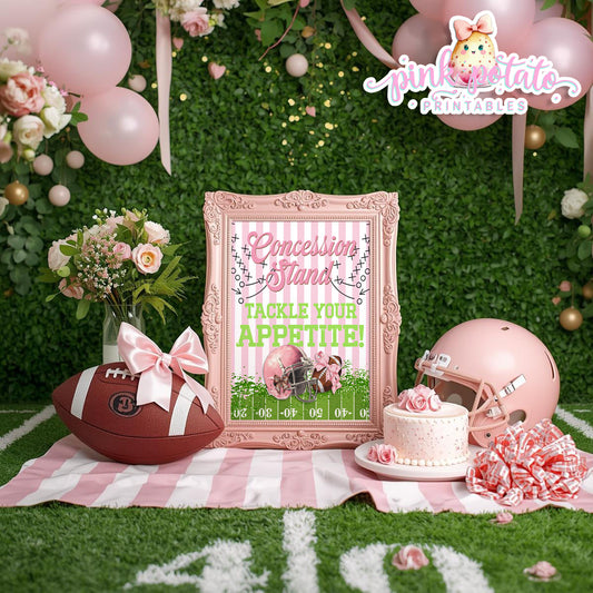 Birthday Football-Concession Stand Sign-Pink Football-Super Bowl Sunday-Sports-Digital-INSTANT DOWNLOAD