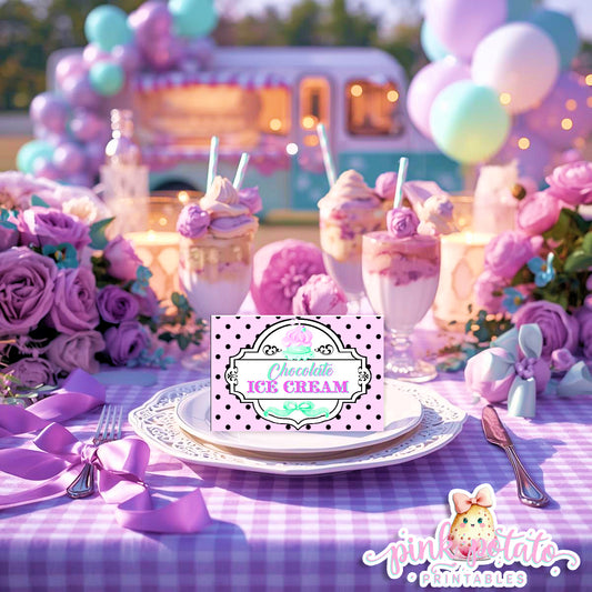 Here's The Scoop, Baby-Buffet Cards-Customize in Corjl-Ice Cream Baby Shower-Tent Cards-Edit-Place Cards-Flat Cards-Digital-INSTANT DOWNLOAD