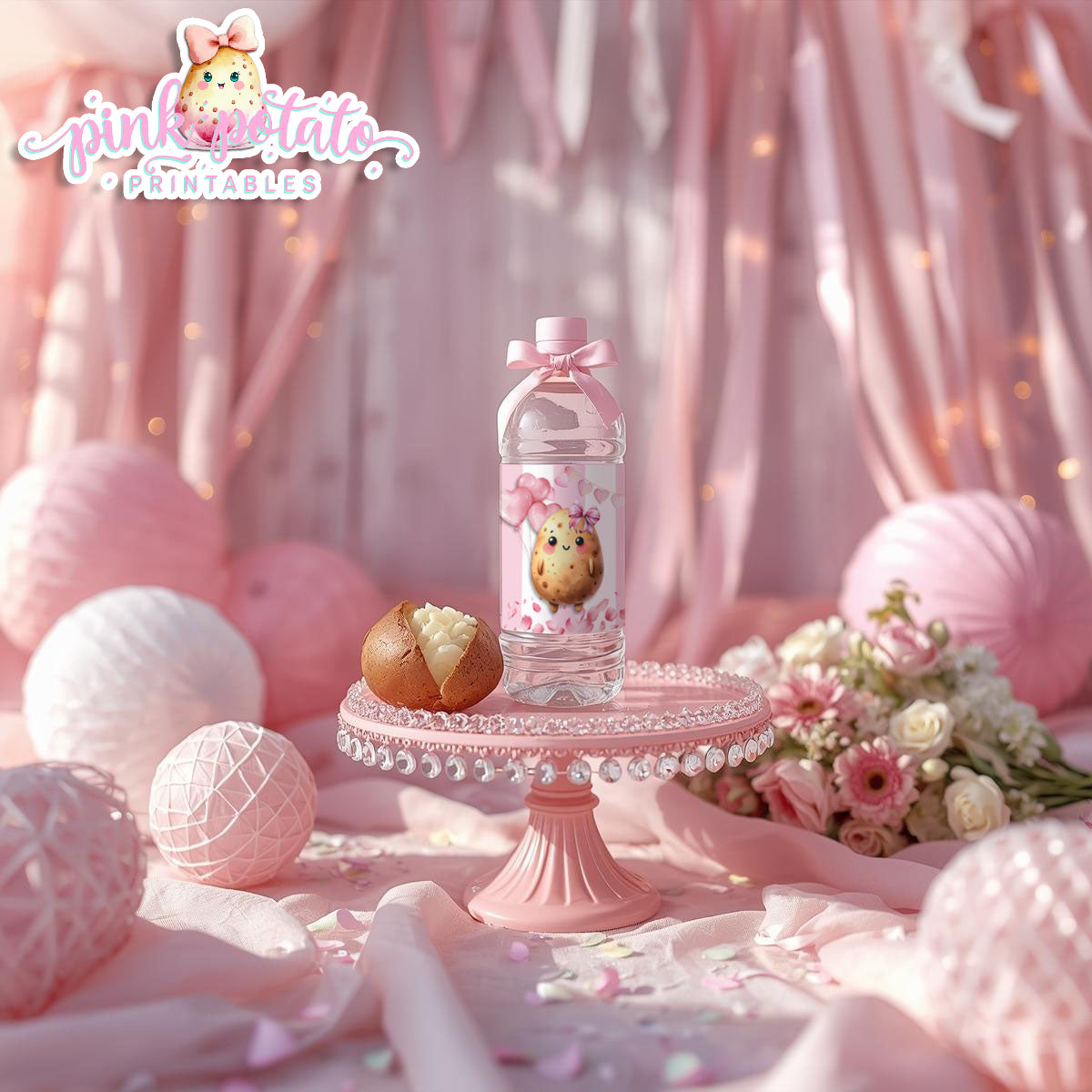 Pink Valentine-Baked Potato Bar-Water Bottle Labels-Valentine's Day-Waterbottle-Valentine's Party-INSTANT DOWNLOAD