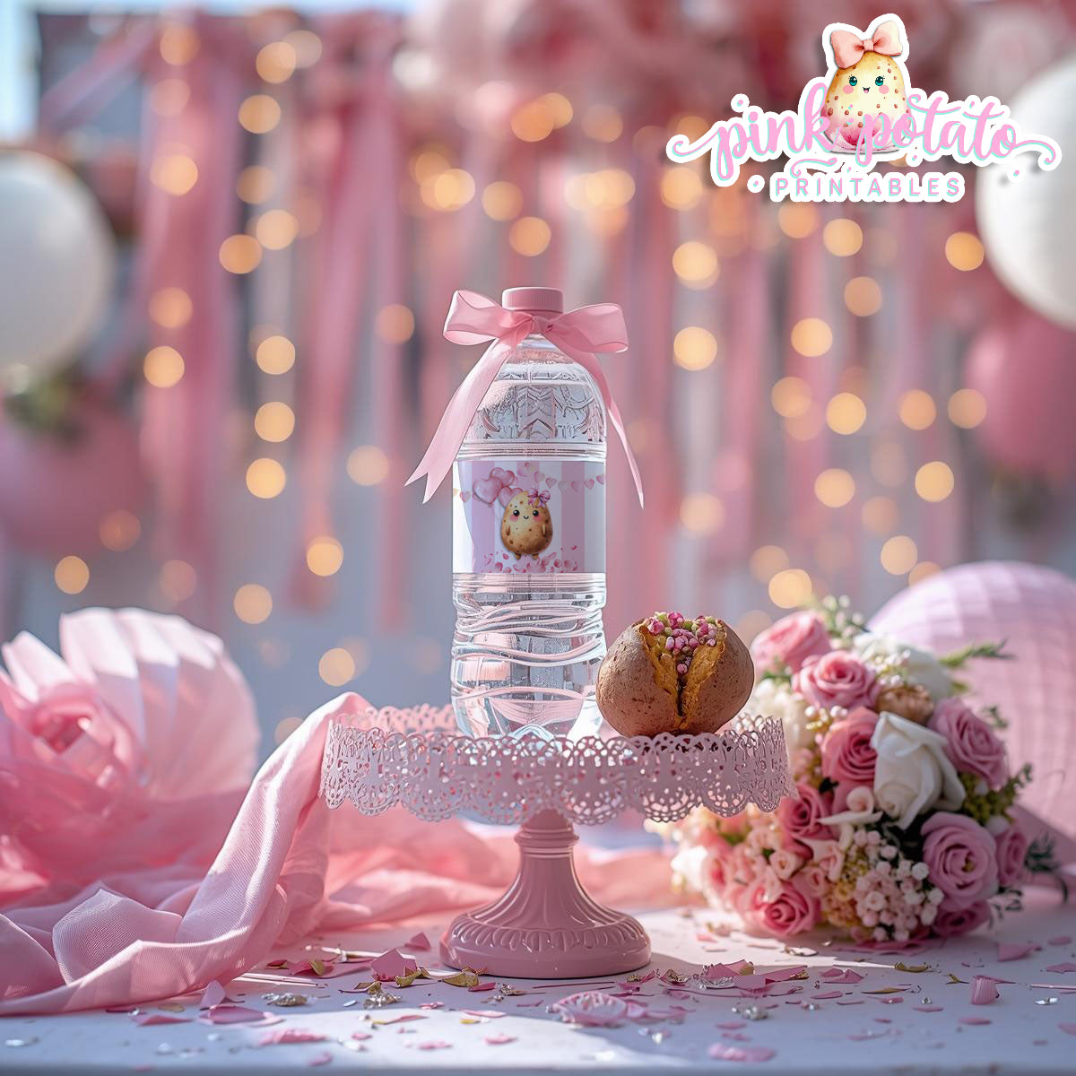 Pink Valentine-Baked Potato Bar-Water Bottle Labels-Valentine's Day-Waterbottle-Valentine's Party-INSTANT DOWNLOAD