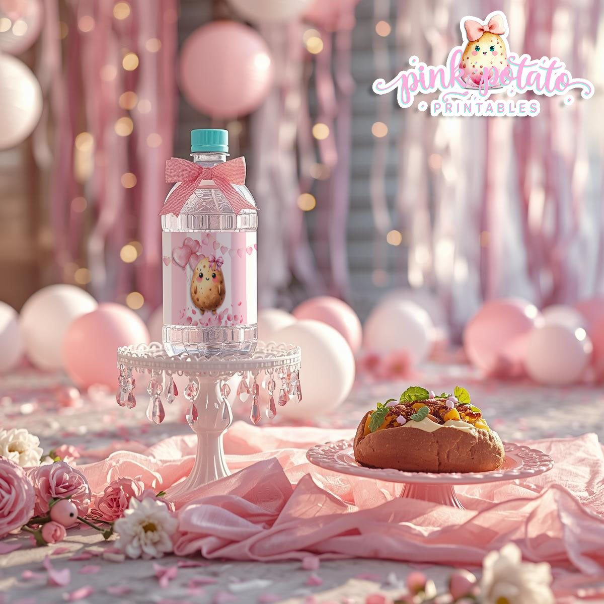 Pink Valentine-Baked Potato Bar-Water Bottle Labels-Valentine's Day-Waterbottle-Valentine's Party-INSTANT DOWNLOAD