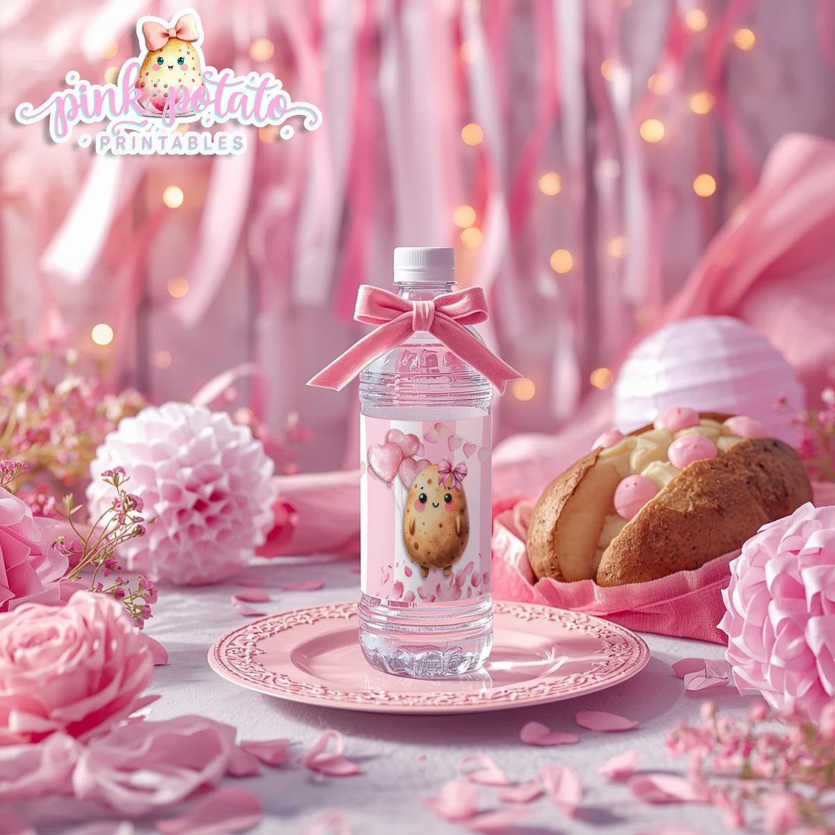 Pink Valentine-Baked Potato Bar-Water Bottle Labels-Valentine's Day-Waterbottle-Valentine's Party-INSTANT DOWNLOAD