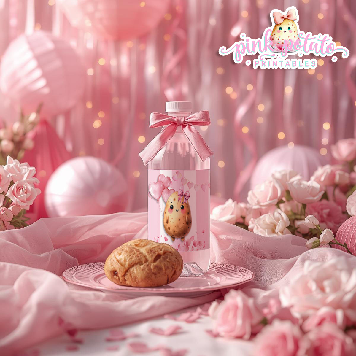 Pink Valentine-Baked Potato Bar-Water Bottle Labels-Valentine's Day-Waterbottle-Valentine's Party-INSTANT DOWNLOAD