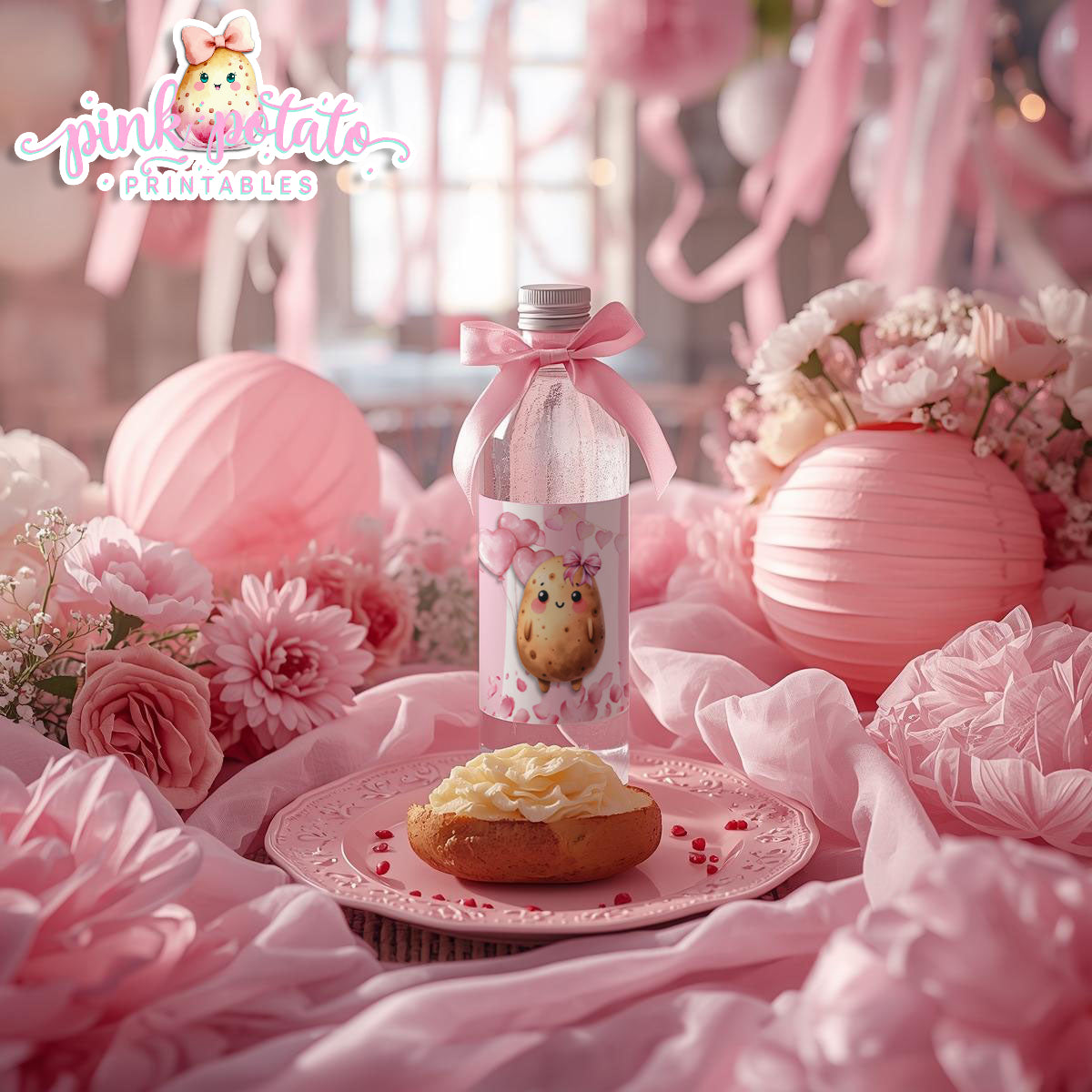 Pink Valentine-Baked Potato Bar-Water Bottle Labels-Valentine's Day-Waterbottle-Valentine's Party-INSTANT DOWNLOAD