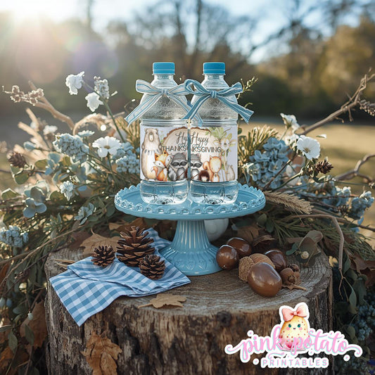 Woodland Thanksgiving-Water Bottle Labels-Printable-Straw Flags-Thanksgiving-Waterbottle Label-Wrappers-Holiday Party-INSTANT DOWNLOAD