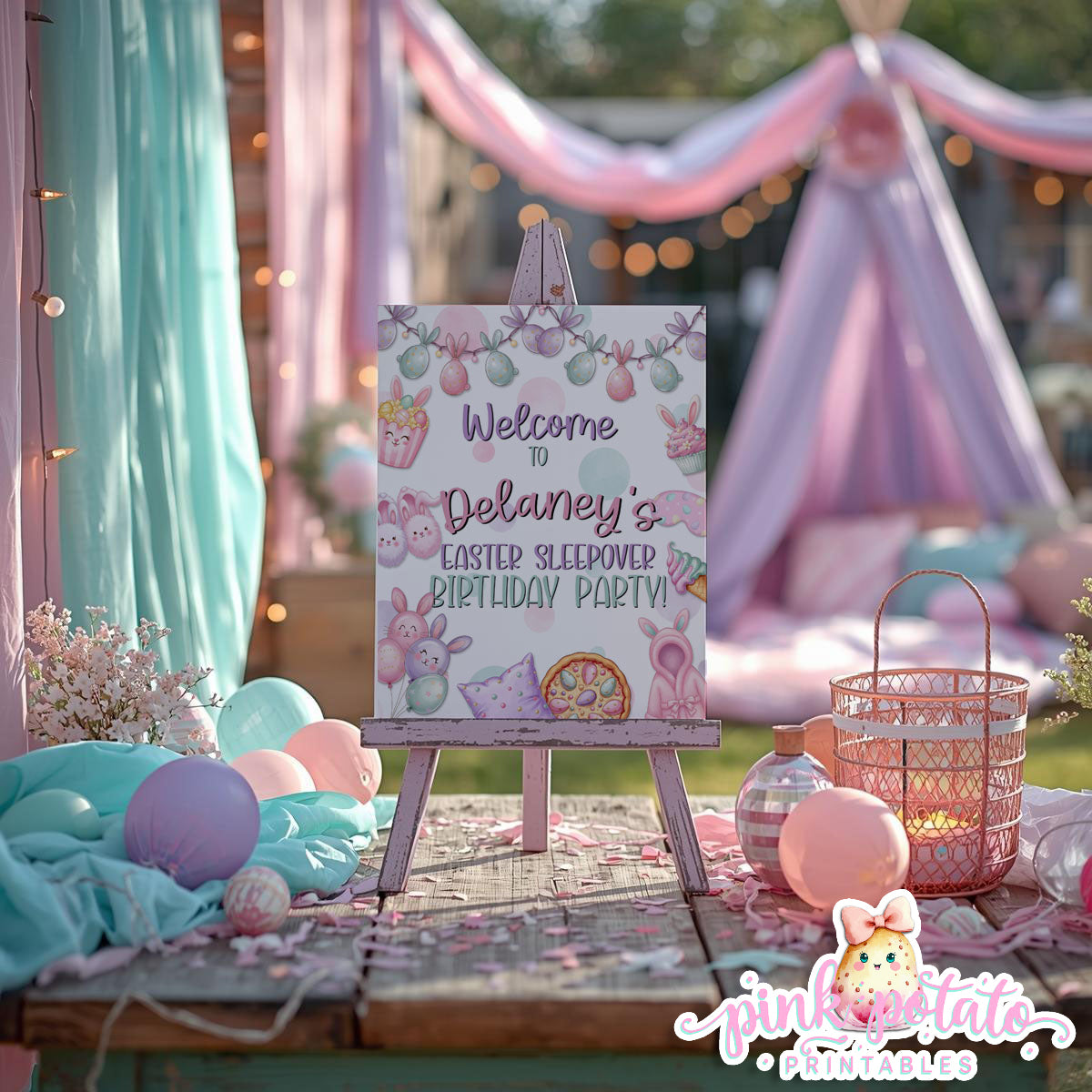 Easter Sleepover-16x20 & 8x10 Welcome Sign-Edit Name in Corjl ONLY-Easter Slumber Party-Welcome to Party Poster-Easter Birthday-Easter Party-Happy Birthday-Birthday Sleepover-Birthday Slumber Party-INSTANT DOWNLOAD