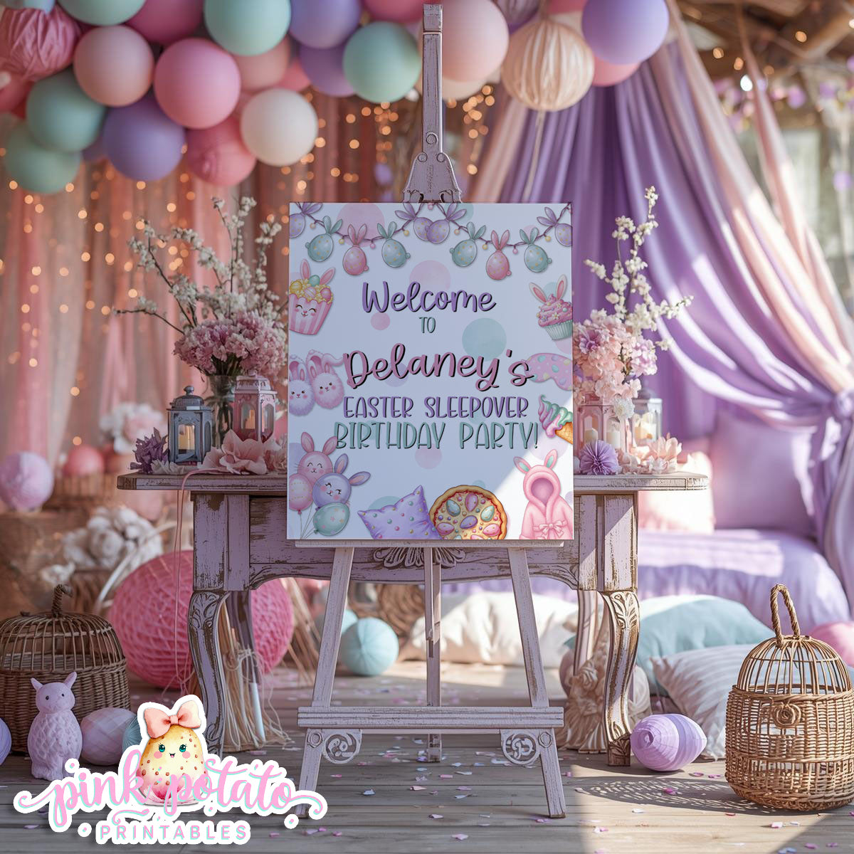 Easter Sleepover-16x20 & 8x10 Welcome Sign-Edit Name in Corjl ONLY-Easter Slumber Party-Welcome to Party Poster-Easter Birthday-Easter Party-Happy Birthday-Birthday Sleepover-Birthday Slumber Party-INSTANT DOWNLOAD