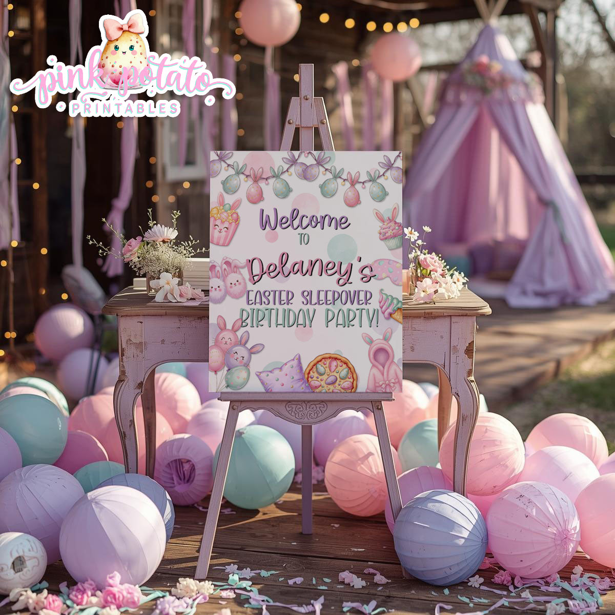 Easter Sleepover-16x20 & 8x10 Welcome Sign-Edit Name in Corjl ONLY-Easter Slumber Party-Welcome to Party Poster-Easter Birthday-Easter Party-Happy Birthday-Birthday Sleepover-Birthday Slumber Party-INSTANT DOWNLOAD