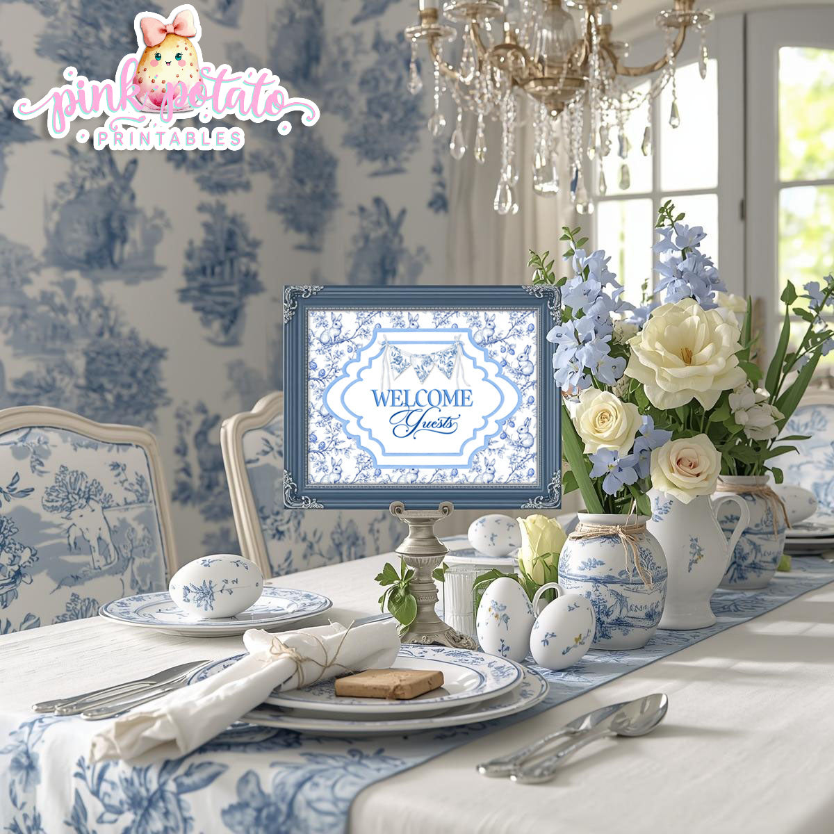 Toile Easter-Welcome Guest Sign-Eater Sign-Welcome Sign-Fancy Easter-Posh Easter-Easter Sunday-Happy Easter-Chinoiserie Easter-Chinoisery-Blue Toile-INSTANT DOWNLOAD