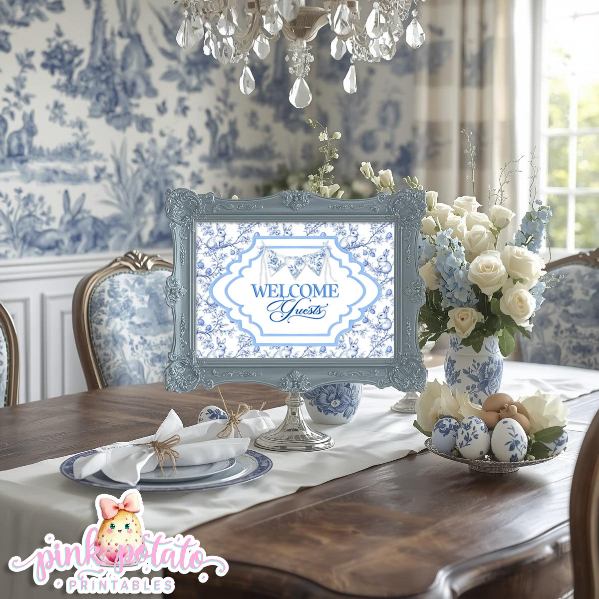 Toile Easter-Welcome Guest Sign-Eater Sign-Welcome Sign-Fancy Easter-Posh Easter-Easter Sunday-Happy Easter-Chinoiserie Easter-Chinoisery-Blue Toile-INSTANT DOWNLOAD