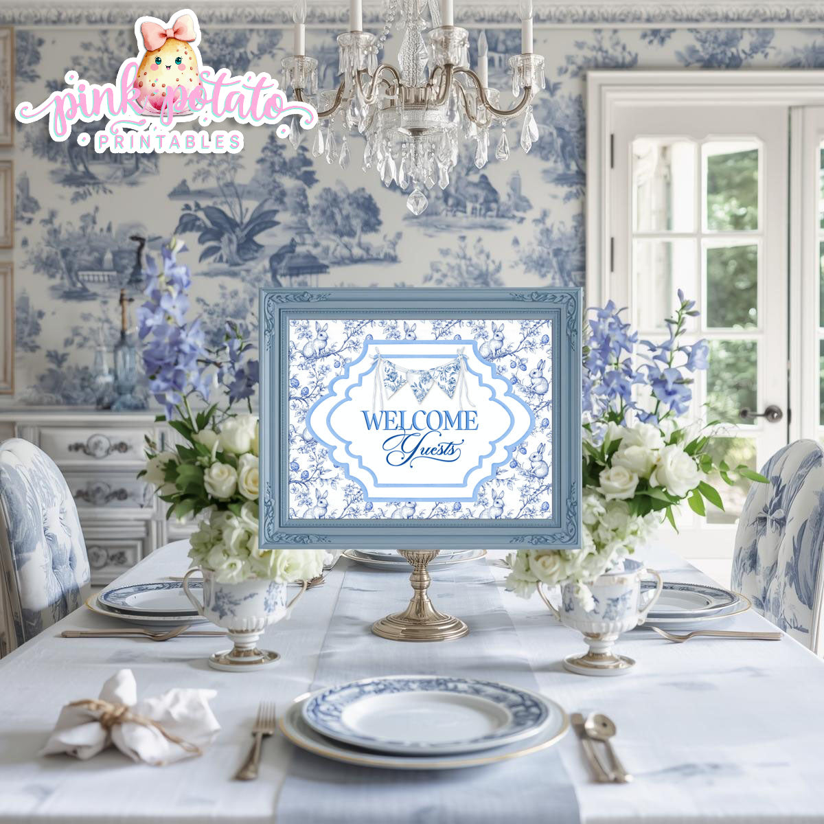 Toile Easter-Welcome Guest Sign-Eater Sign-Welcome Sign-Fancy Easter-Posh Easter-Easter Sunday-Happy Easter-Chinoiserie Easter-Chinoisery-Blue Toile-INSTANT DOWNLOAD