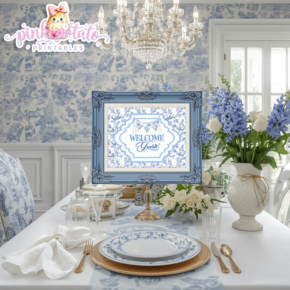 Toile Easter-Welcome Guest Sign-Eater Sign-Welcome Sign-Fancy Easter-Posh Easter-Easter Sunday-Happy Easter-Chinoiserie Easter-Chinoisery-Blue Toile-INSTANT DOWNLOAD