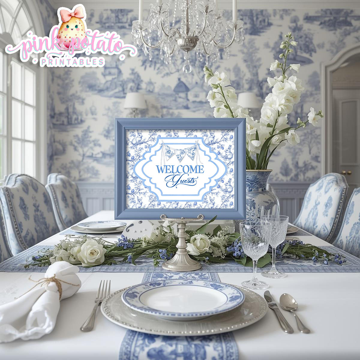 Toile Easter-Welcome Guest Sign-Eater Sign-Welcome Sign-Fancy Easter-Posh Easter-Easter Sunday-Happy Easter-Chinoiserie Easter-Chinoisery-Blue Toile-INSTANT DOWNLOAD