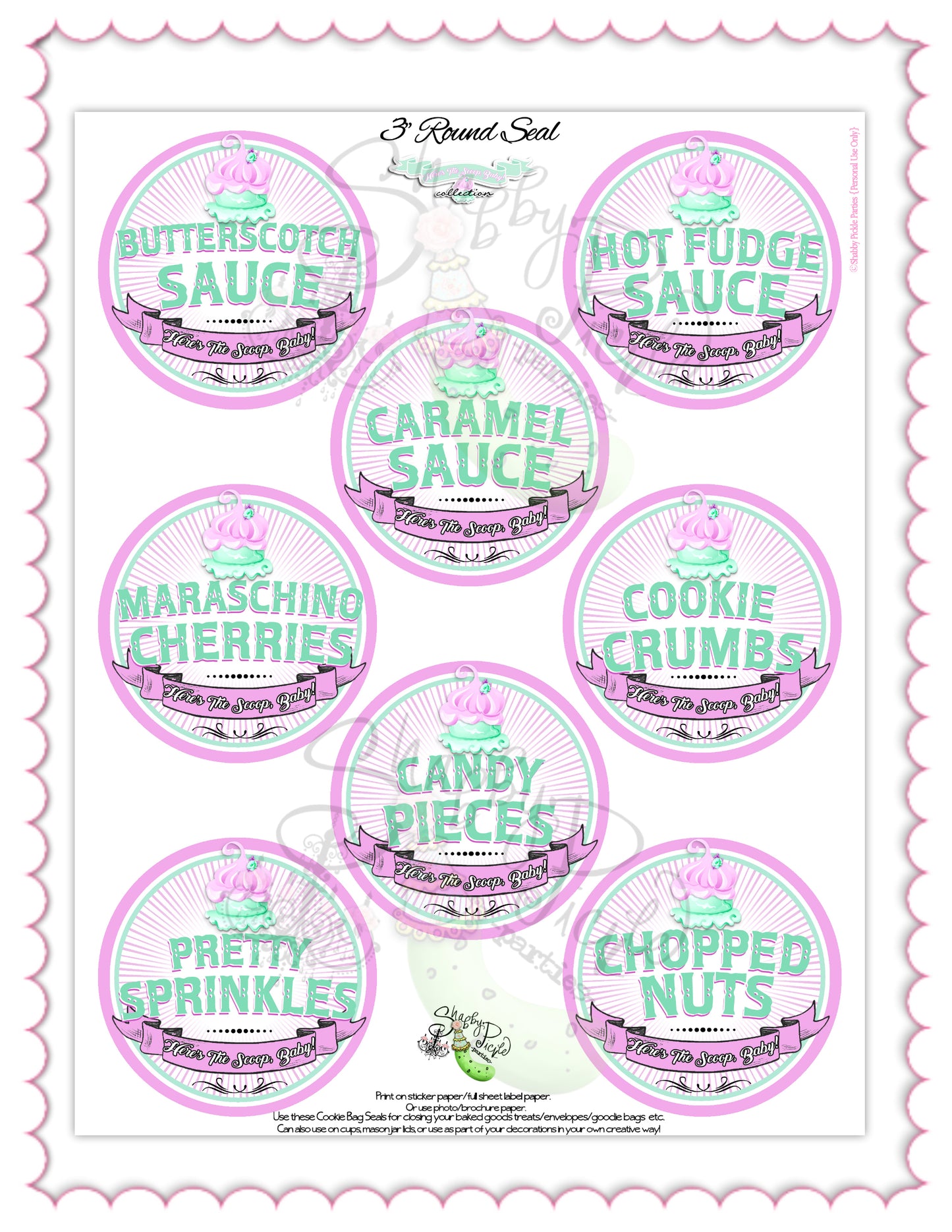 Here's The Scoop, Baby-3" Round Buffet Cards-Customize in Corjl-Ice Cream Baby Shower-Ice Cream Topping Cards-Edit-Digital-INSTANT DOWNLOAD