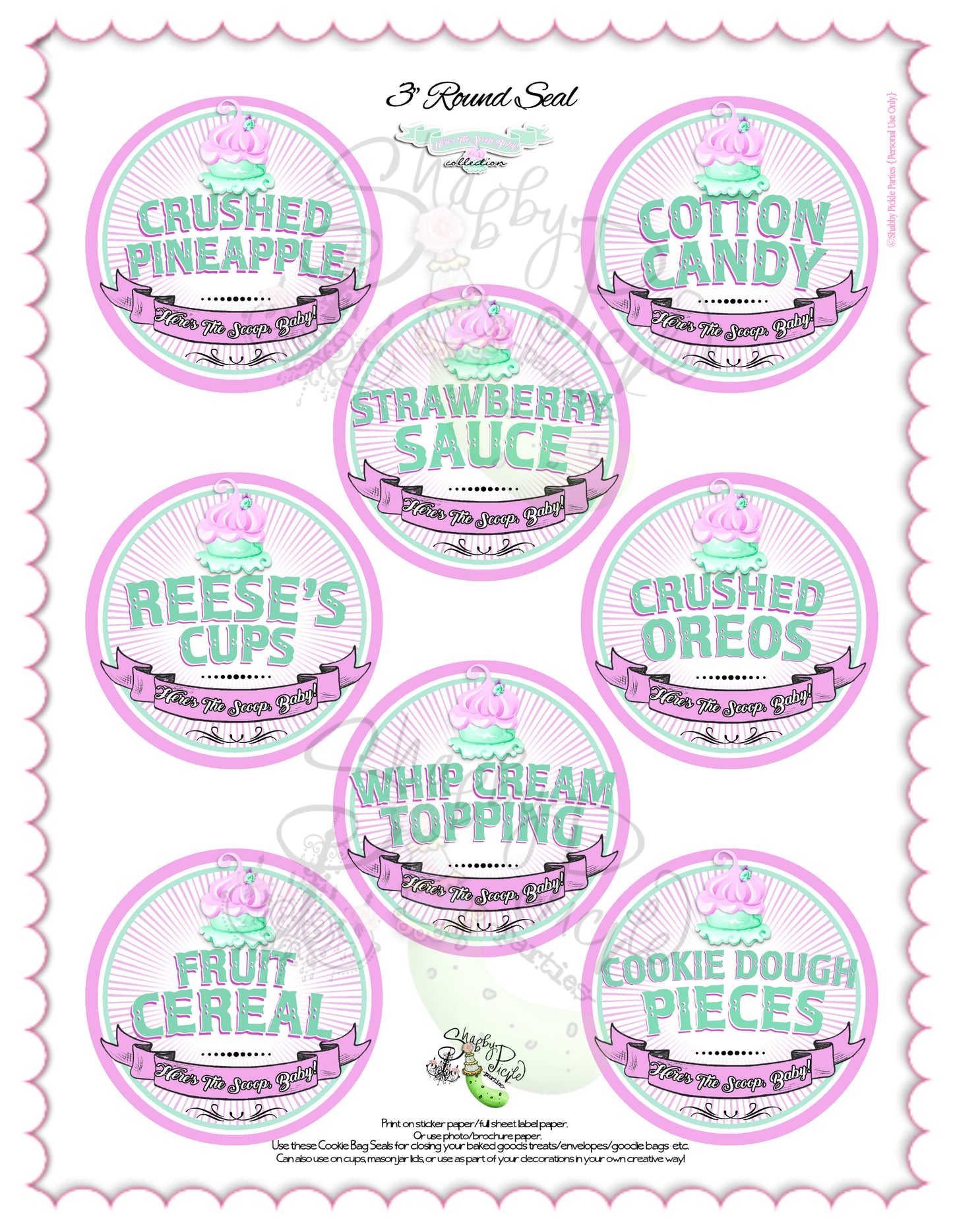 Here's The Scoop, Baby-3" Round Buffet Cards-Customize in Corjl-Ice Cream Baby Shower-Ice Cream Topping Cards-Edit-Digital-INSTANT DOWNLOAD