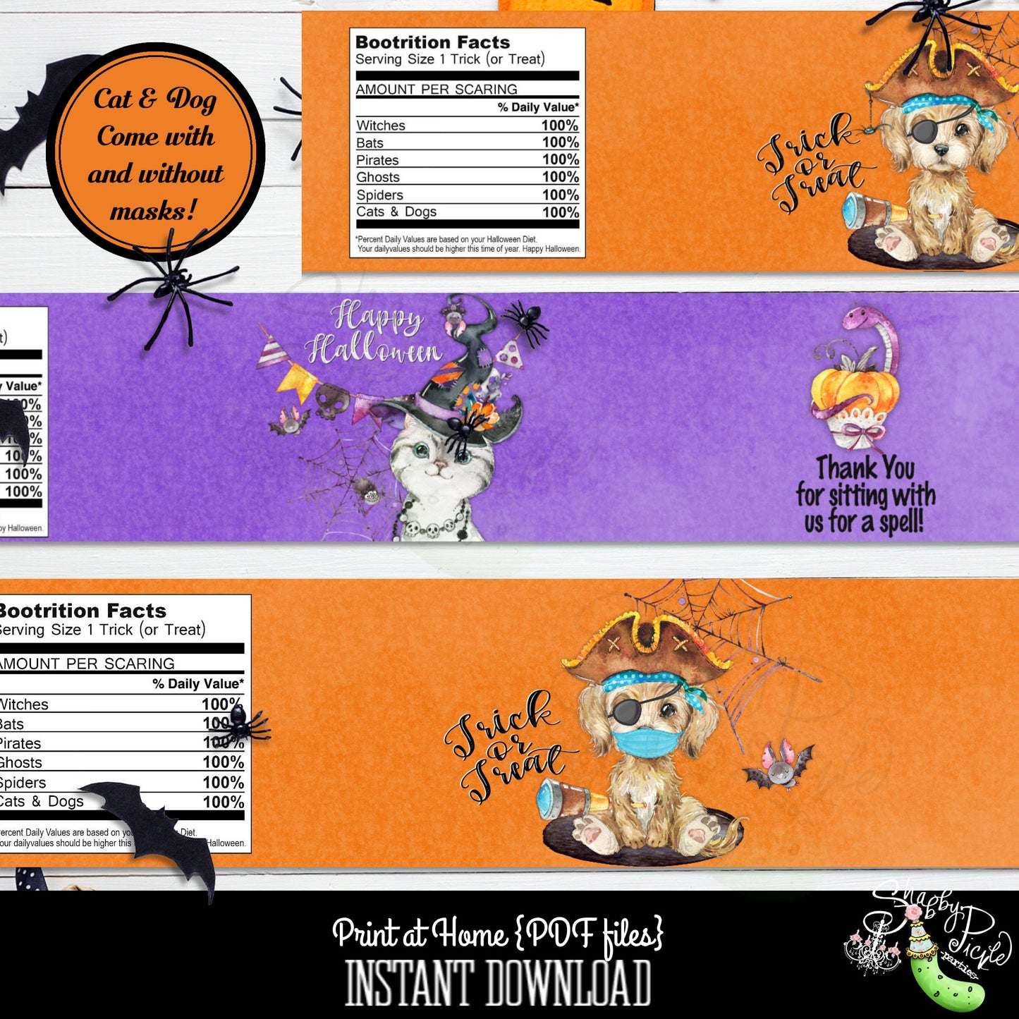 Halloween Cat & Dog-Water Bottle Labels-Halloween-Printable-Quarantine-Halloween Party-Covid Halloween-Pirate-Witch-INSTANT DOWNLOAD