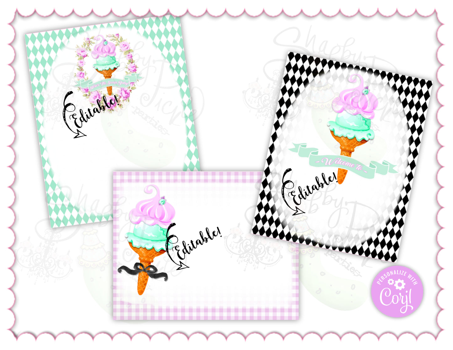 Here's The Scoop, Baby-Baby Shower Signs-Ice Cream Baby Shower-3 Signs Editable in Corjl-Customizable-Make your Own-Digital-INSTANT DOWNLOAD