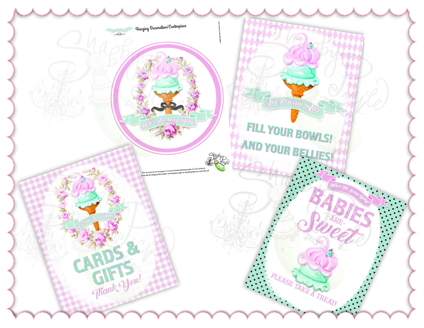 Here's The Scoop, Baby-Baby Shower Signs-Ice Cream Baby Shower-3 Signs Editable in Corjl-Customizable-Make your Own-Digital-INSTANT DOWNLOAD