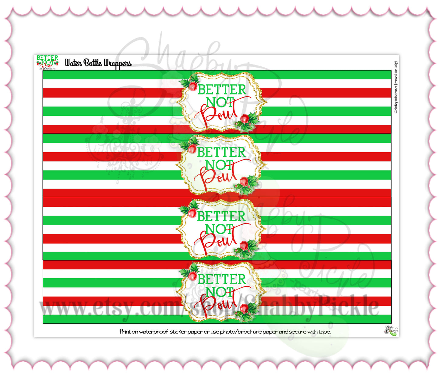 Better Not Pout-Water Bottle Labels-Printable-Christmas Party-Class Room Favor-Favors-XMas-Holiday-Winter-Santa-Digital-INSTANT DOWNLOAD