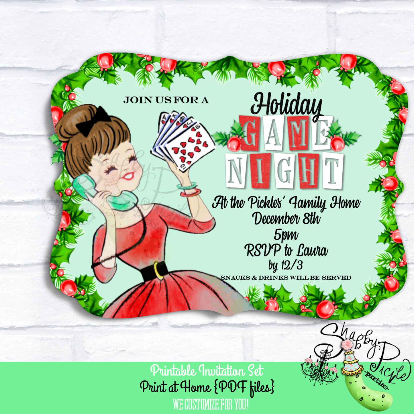 Holiday Game Night-We CUSTOMIZE Invitation-Change Hair/Skin Color-Christmas-Invite-Cards-Family Game Night-Printable-Print At Home-DOWNLOAD