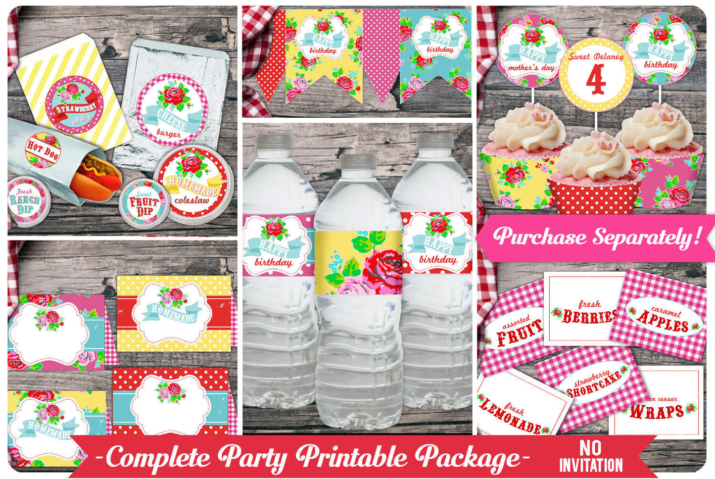 Birthday Party Picnic Cupcake Wrappers and EDITABLE Toppers-Party Printables-BBQ-Farmers Market-Birthday Labels-Instant Download